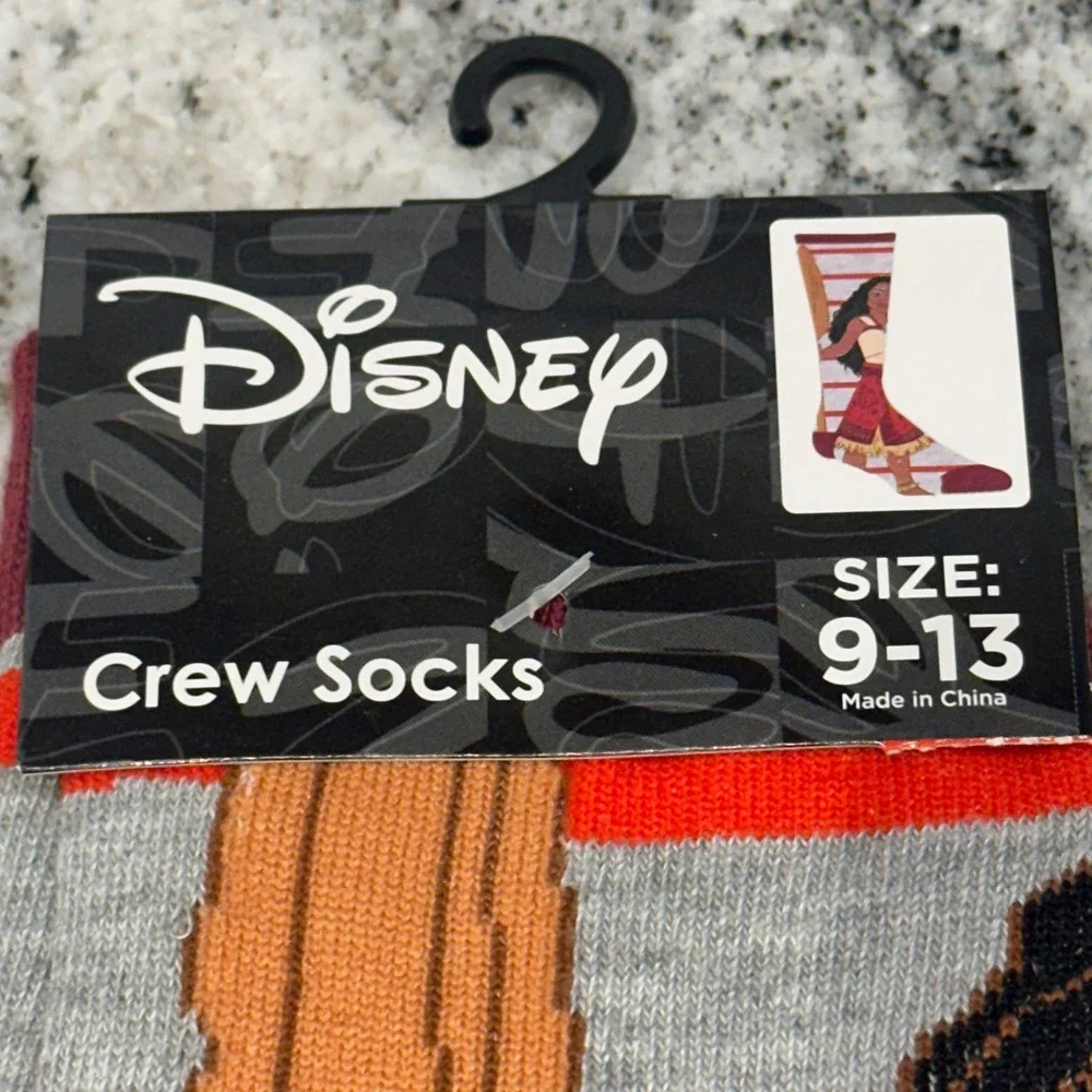 Disney Womens 9-13 Crew Socks Grey Moana Striped Tropical Voyager Princess movie